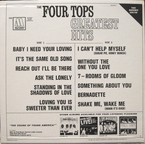The Four Tops : Album " Greatest Hits " Motown ‎Records MS 662 [ US ]
