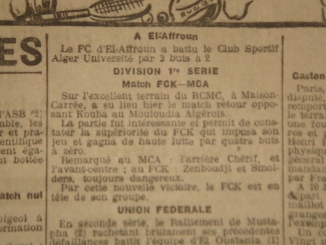 Dimanche 20.1.1924 Maison carrée (stade RCMC) FC Kouba-MCA 4-0