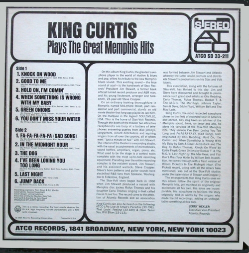 King Curtis : Album " Plays The Great Memphis Hits " Atco Records SD 33-211 [ US ]