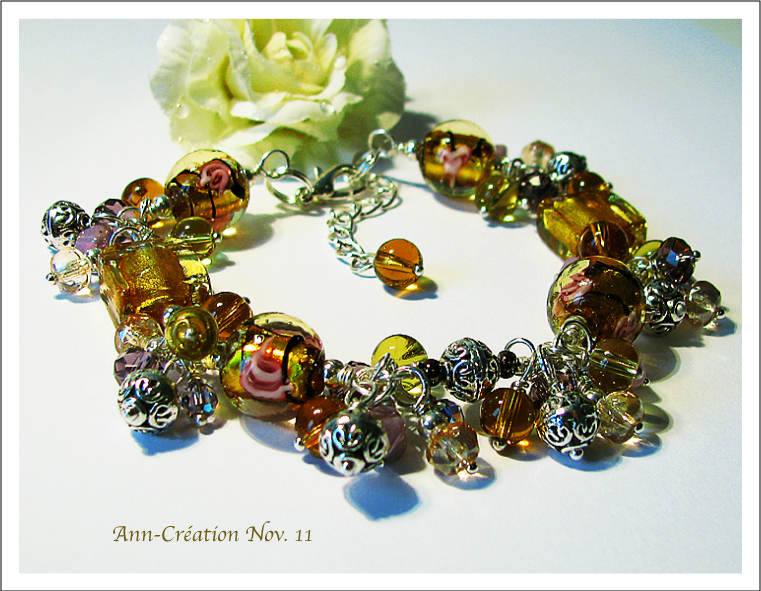 Bracelet Grappe Perles Lampwork tons Ambre& Lilas / Plaqué Argent
