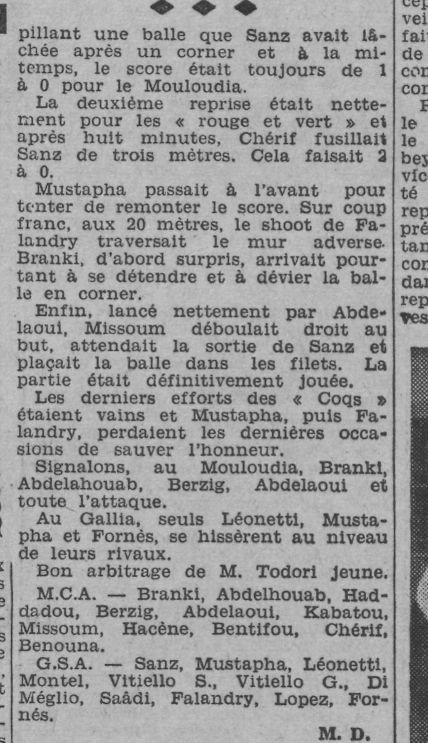 D 2.2.1941 à St Eugène coupe de la ligue d'Alger 8ème de finale MCA-Gallia SA 3-0