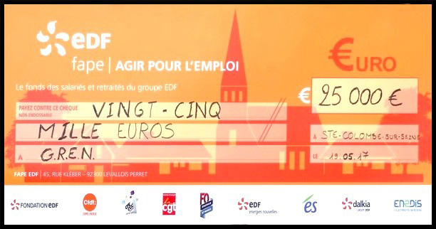 Remise d'un chèque de 25 000 euros par le Fonds Agir Pour l'Emploi du groupe  E.D.F. à l'association GREN de Sainte Colombe sur Seine