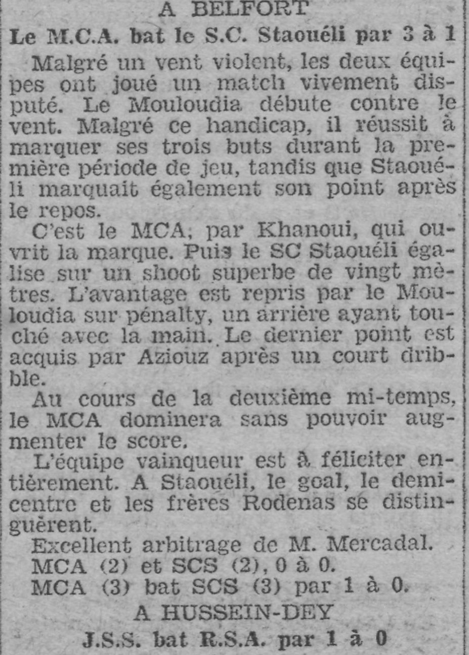 Dimanche 22.2.1931 à Belfort MCA-S.C.Staoueli 3-1