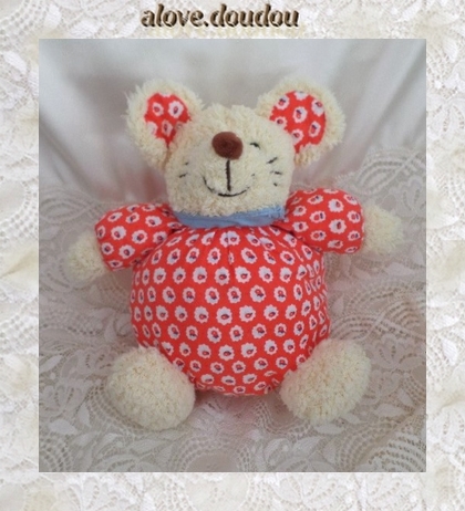 Doudou Peluche Souris Planet Pluch Rouge Fleurs Foulard Bleu