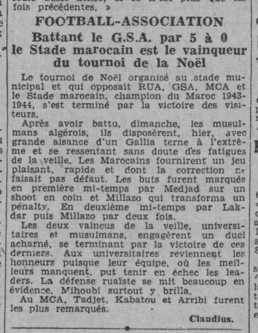 Lundi 25.12.1944 Tournoi 3ème place MCA-RUA 1-0
