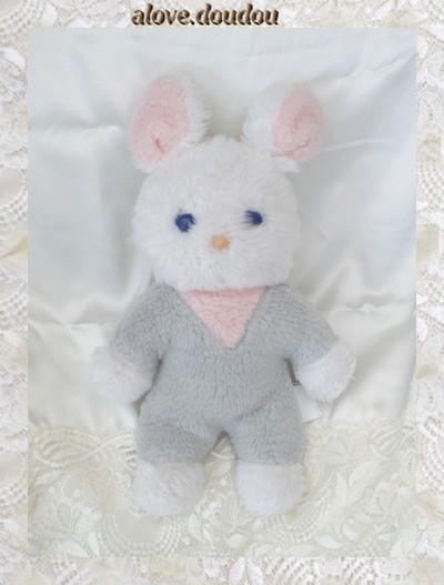 Doudou Peluche Lapin Boulgom Blanc Gris Rose Yeux Bleu Vintage Grelot