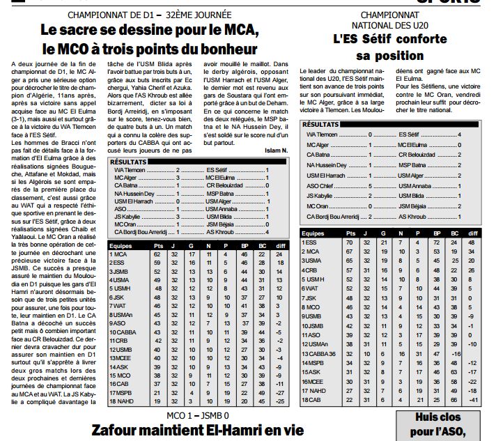 Mardi 25.5.2010 Stade du 5 Juillet 1962  MCA-MC El Eulma 3-1 et WAT-ESS 2-1 (junior second)