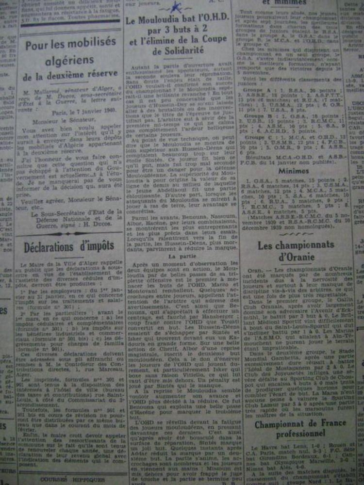 21.1.1940 Demi  finale coupe de la solidarité MCA-OHD 3-2
