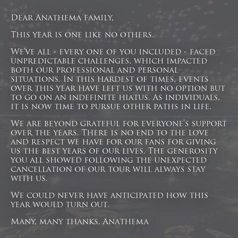 ANATHEMA annonce un long hiatus