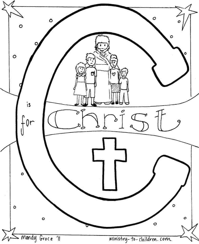 C est pour le Christ (page à colorier de l’alphabet biblique) dessin au trait imprimable