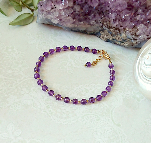 Bracelet violet pierre améthyste 4mm / acier doré -  Amethyst stone 4mm golden steel bracelet