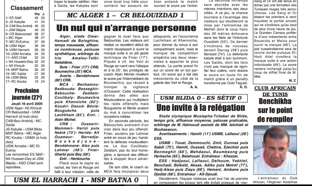 Lundi 13.4.2009 Stade Omar-Hamadi MCA 1 - CRB 1