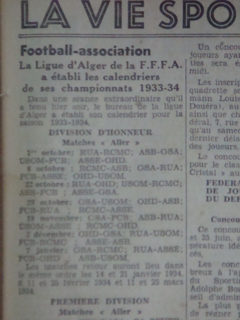 calendrier saison 1933-1934