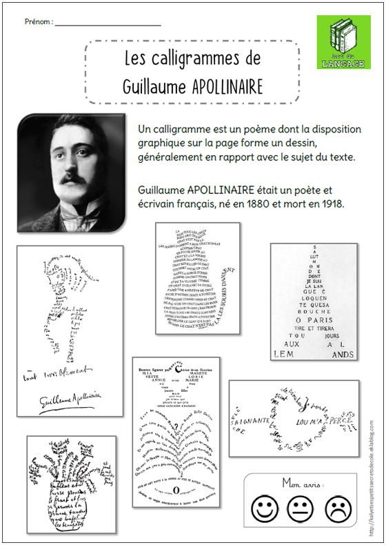Arts du langage - Les calligrammes de Guillaume Apollinaire - Kaly et ses  petits secrets d'école