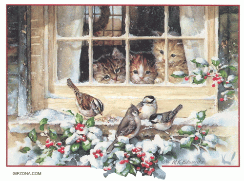 "Les Chats heureux et petits oiseaux malheureux"