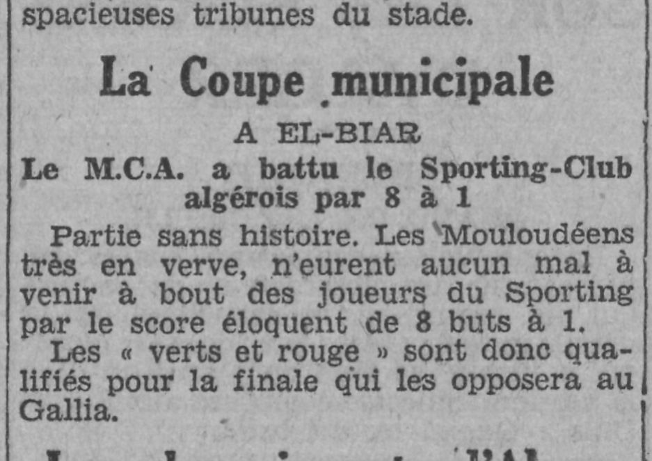 Dimanche 15.5.1932 à El Biar coupe de la Municipalité MCA-SCA (Sporting Club Algérois) 8-1