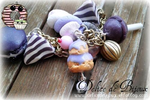 Bracelet goumand fimo délice violet: religieuse, berlingot, sucette chupa chup, guimauve, macaron