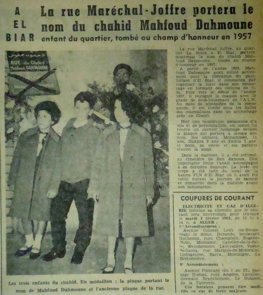 2.2.1964 La rue Maréchal Joffre prend le nom de Mahfoud Dahmoune