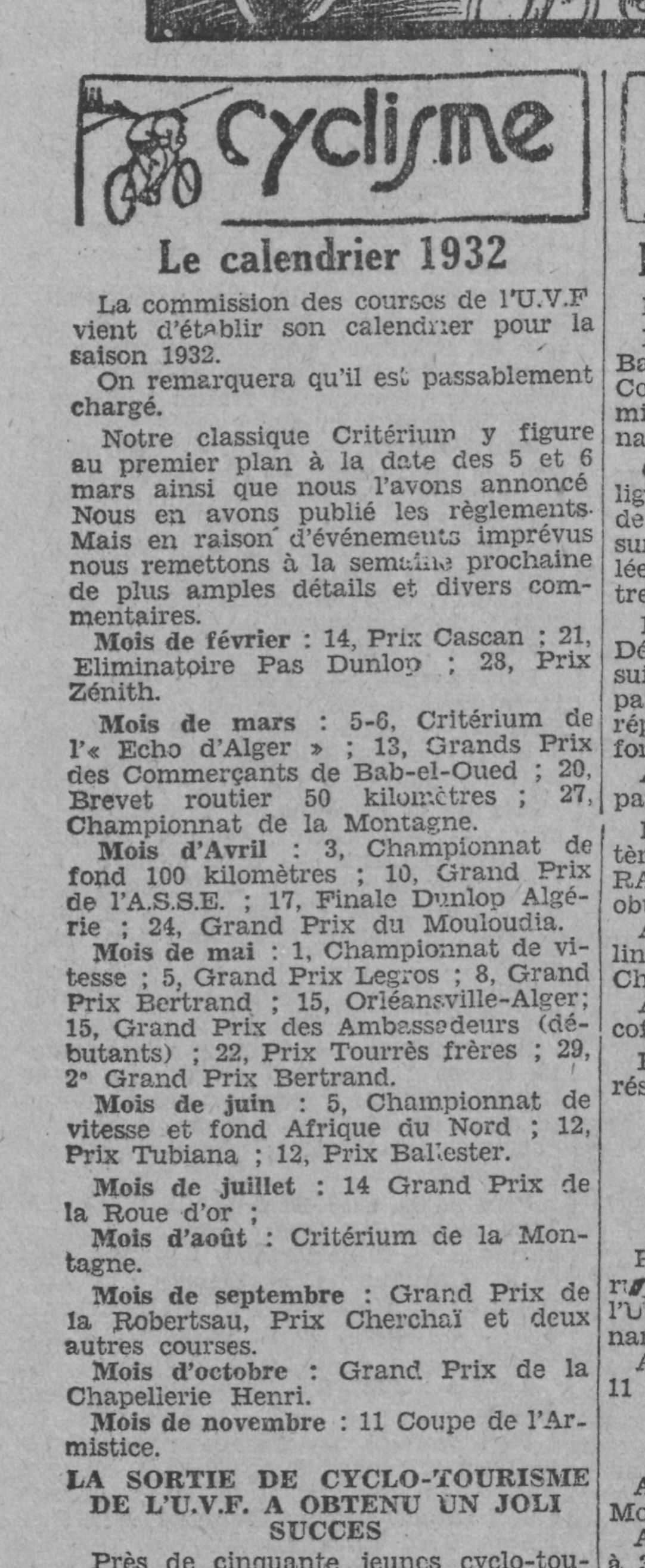 Dimanche 24 Avril 1932 Cyclisme le Mouloudia organise son grand prix