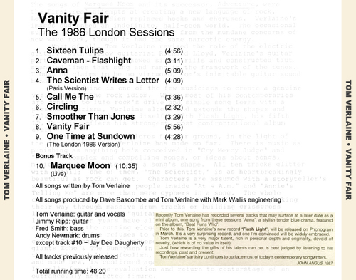 Inédit: Tom Verlaine - Vanity fair - The London sessions 1986