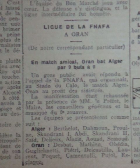 15.1.1928 les Mouloudéens en nombre en sélection d\'Alger FNAFA malgré la défaite à Oran