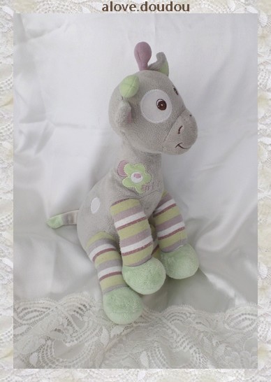 Doudou Peluche Girafe Arthur Et Lola Bébisol Vert Et Gris Fleur