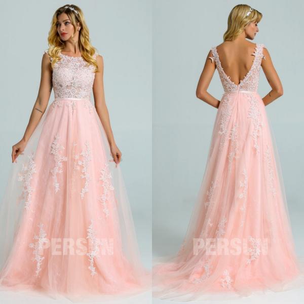 robe mariée longue rose perle dentelle appliquée de guipure dos échancré