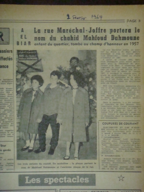 2.2.1964 Une rue à El Biar porte le nom de Mahfoud Dahmoune