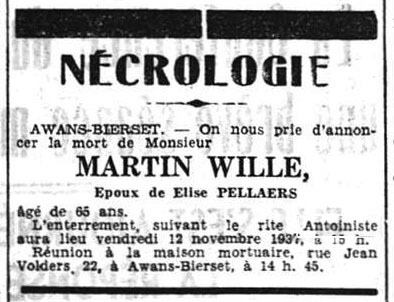 Faire-part - Martin Wille (La Wallonie, 11 novembre 1937)(Belgicapress)