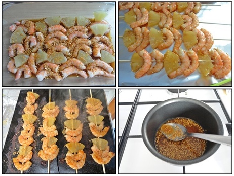 Brochettes de crevettes et ananas en marinade et cuites à la plancha