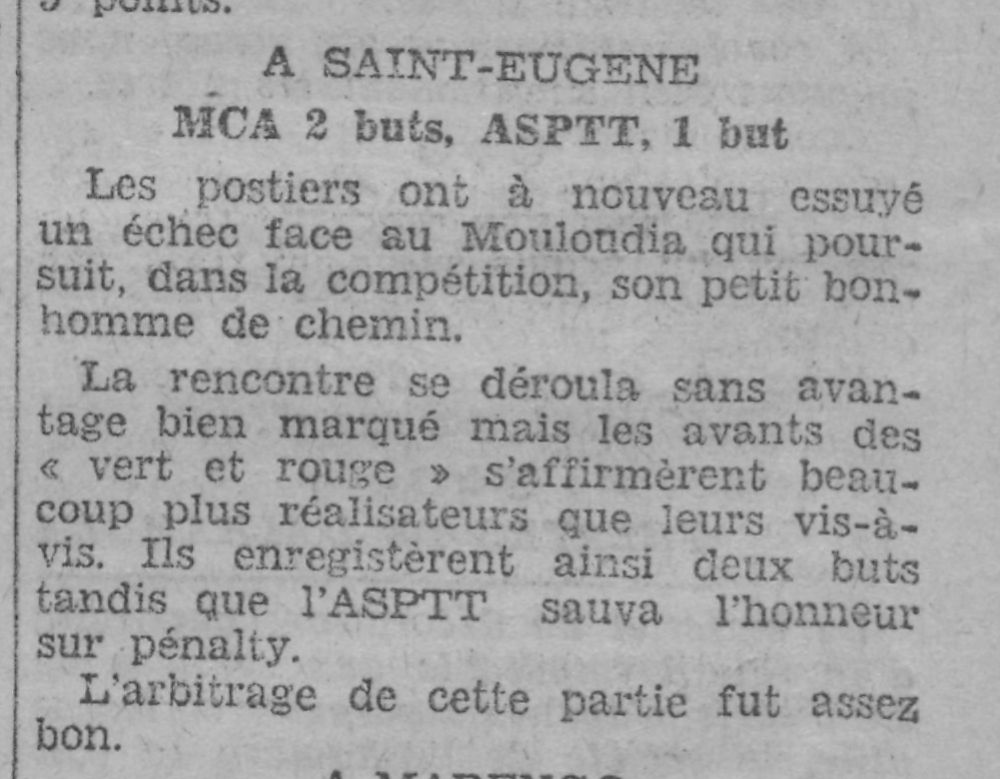Dimanche 3.11.1929 à St Eugène ASPTT-MCA 1-2