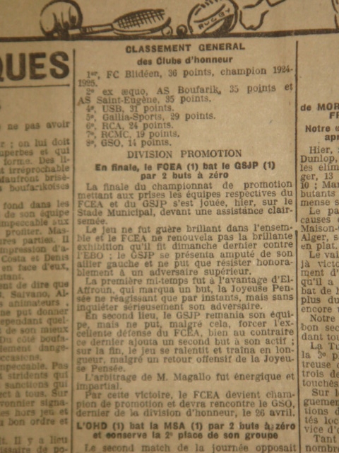 FC Blida Champion Division d\'Honneur et El Affroun de la Promotion