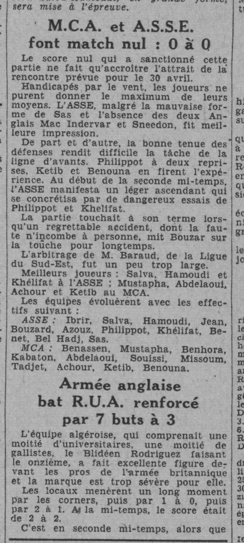 Dim 9.4.1944 au Municipal Tournoi MCA-ASSE 0-0 / Armée Anglaise-RUA 7-3