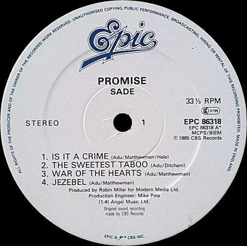 Sade : Album " Promise " Epic Records EPC 86318 [ UK ] en 1985