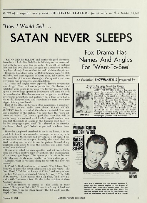 SATAN NEVER SLEEPS BOX OFFICE USA 1962