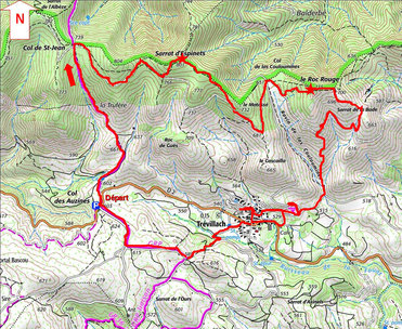 Le Sarrat d'Espinets (801m) et le Roc Rouge (735m) depuis le col des Auzines (603m)