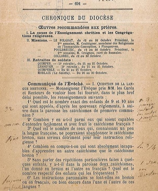 Les questions de l’enquête réalisée par les prêtres sur l’usage du breton (OF.fr-31/07/20-14h26)