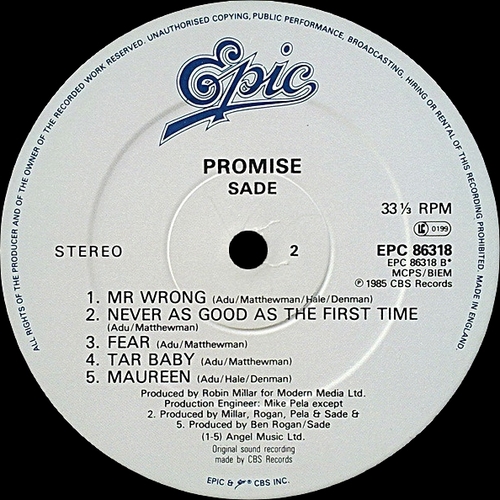 Sade : Album " Promise " Epic Records EPC 86318 [ UK ] en 1985
