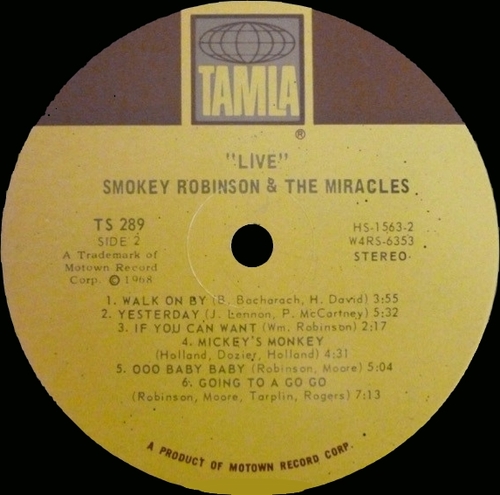 Smokey Robinson & The Miracles : Album " Live ! " Tamla Records TS 289 [ US ]