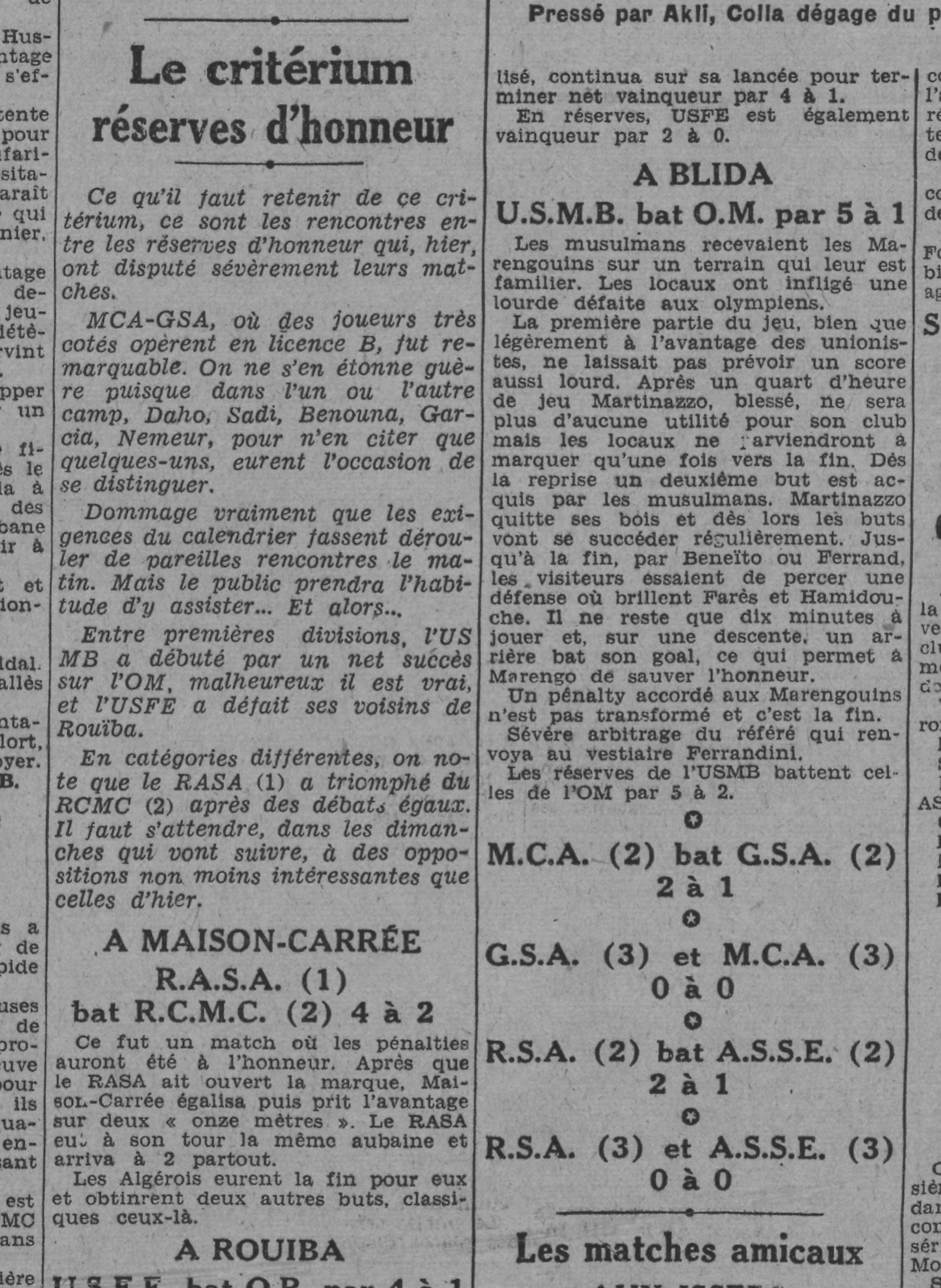 20.10.1940 Championnat des réserves MCA-GSA