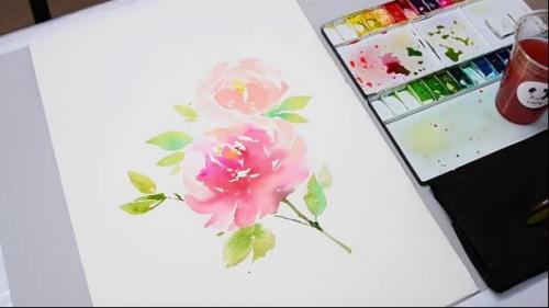 Dessin et peinture - vidéo 1922 : Réalisation d'une aquarelle de fleurs - méthode chinoise étape par étape.