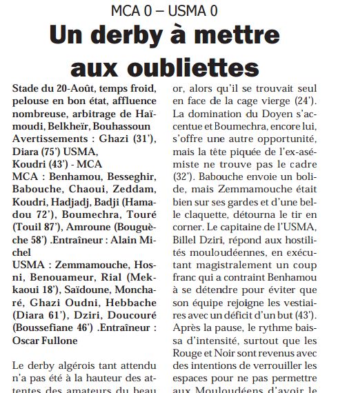 Lundi 1.12.2008 au 20 Aout mis a jour MCA-USMA 0-0