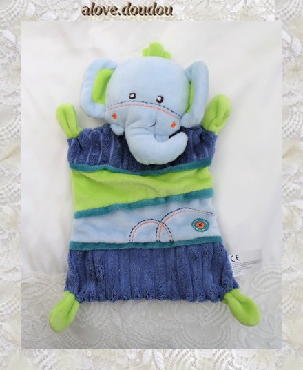 Doudou Peluche Plat Eléphant Nicotoy Roue Bleu Et Vert 23 cm