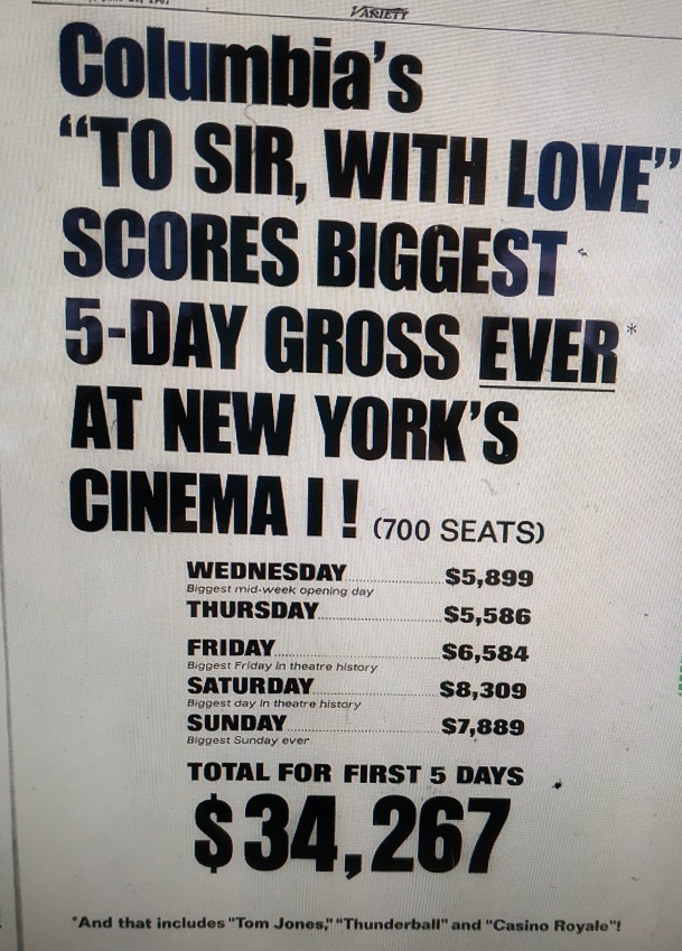 TO SIR WITH LOVE BOX OFFICE USA 1967