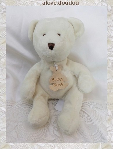 Doudou Peluche Ours Ecru Assis Histoire d'Ours Yeux Et Nez Fil Marron