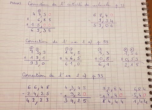 Correction addition et soustraction posées de nombres décimaux (1)