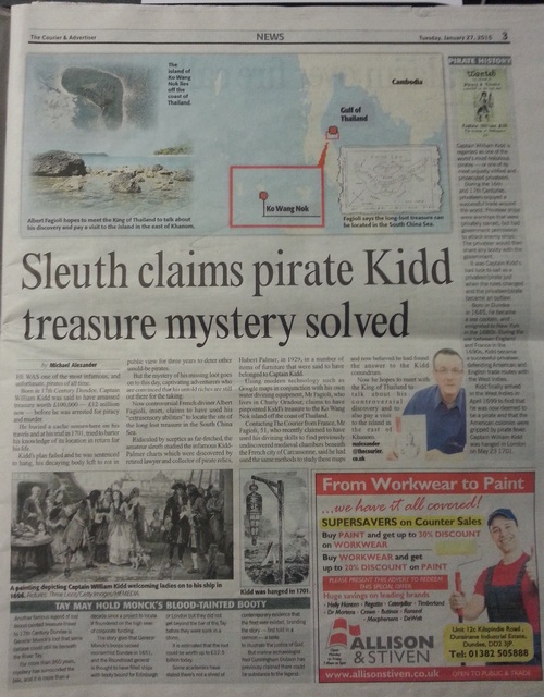 The Courier, " Diviner claims he has discovered Captain Kidds long lost treasure island ", le 27 janvier 2015. (Michael Alexander)