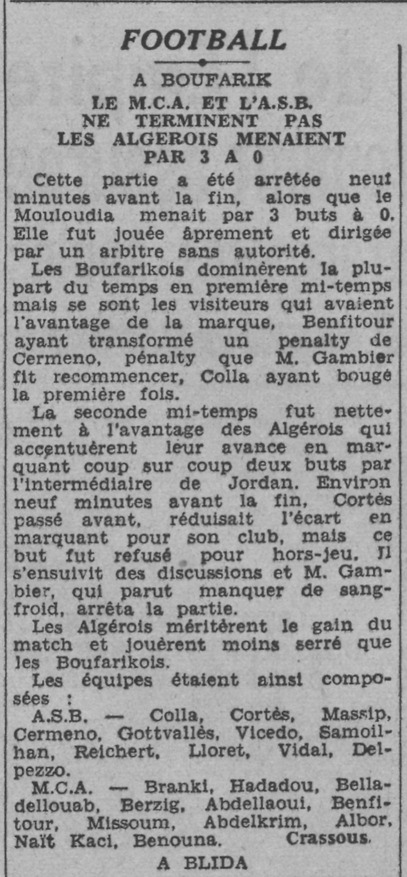 Dimanche 9.3.1941 à Boufarik ASB-MCA 0-3