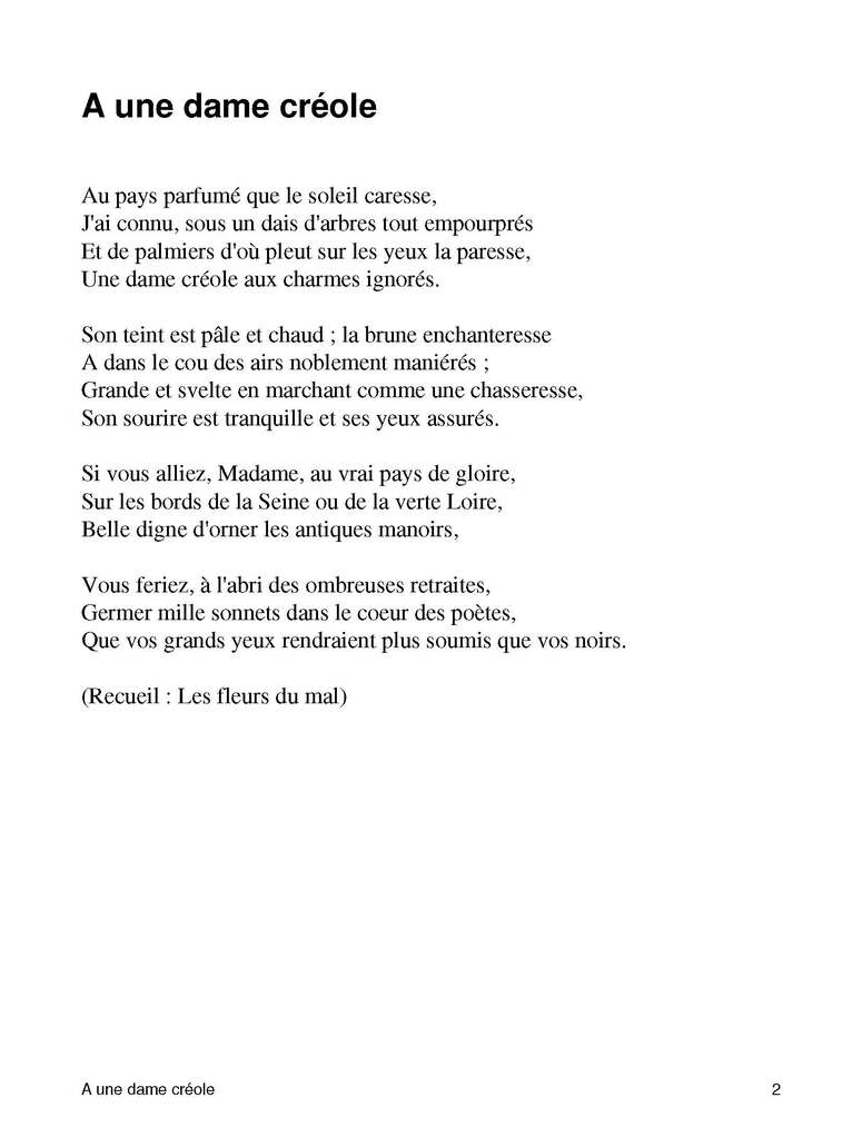 Poésie 2:  La femme créole de Charles Baudelaire