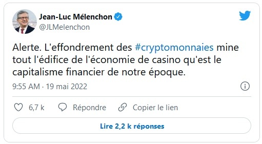 Tweet de Jean-Luc Melenchon sur les cryptomonnaies